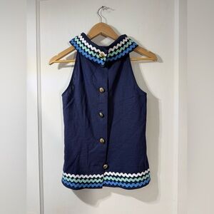 Sail to Sable Navy Sleeveless Top with Wave Trim